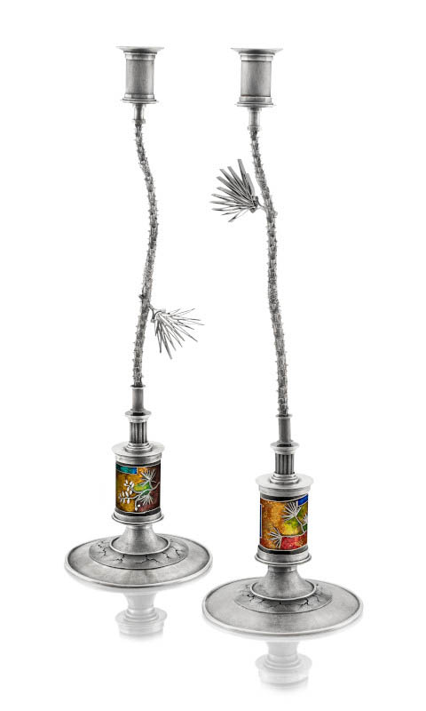 photo of two silver and cloisonne candlesticks from jewelry making classes online at James Carter Studio